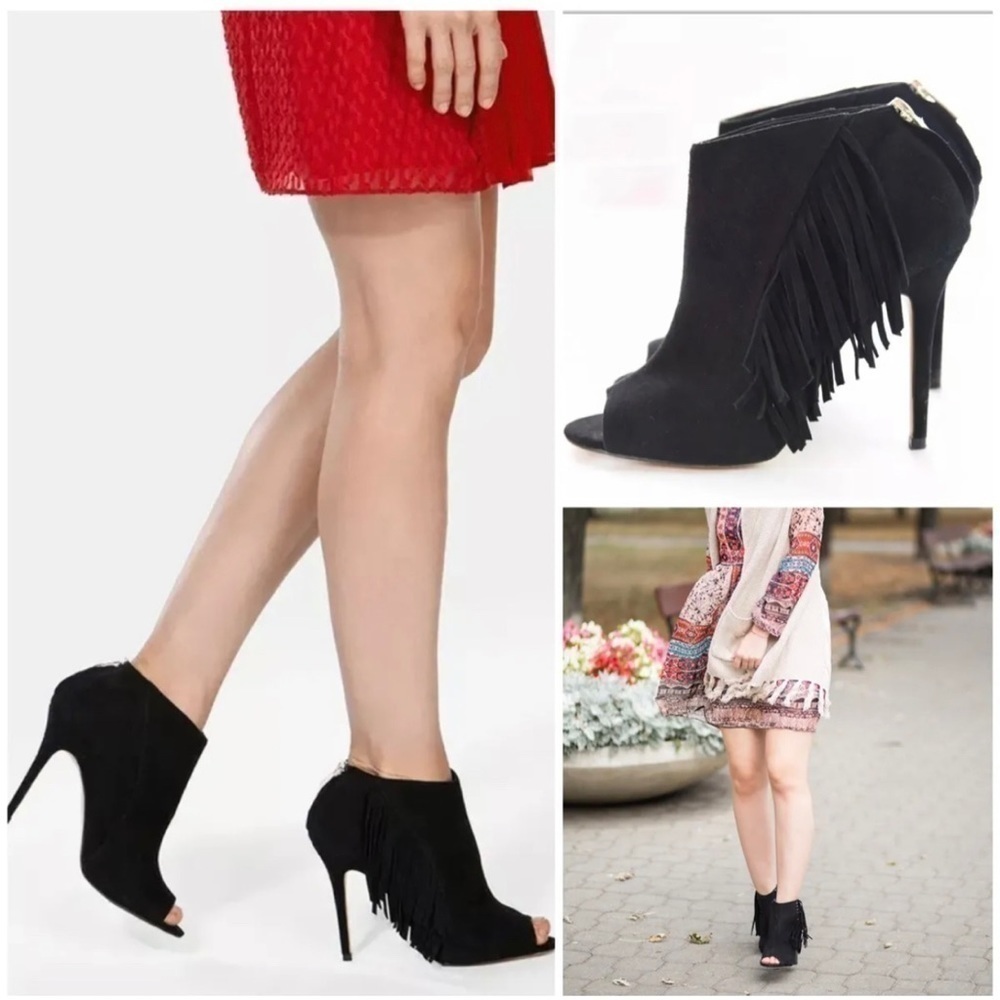Karen Millen Black Fringe Suede Western Stiletto Heel Boot Bootie US Sz 7 EU 38